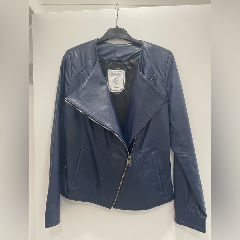 Genuine Leather Minimal motorcycle jacket fitted navy blue M